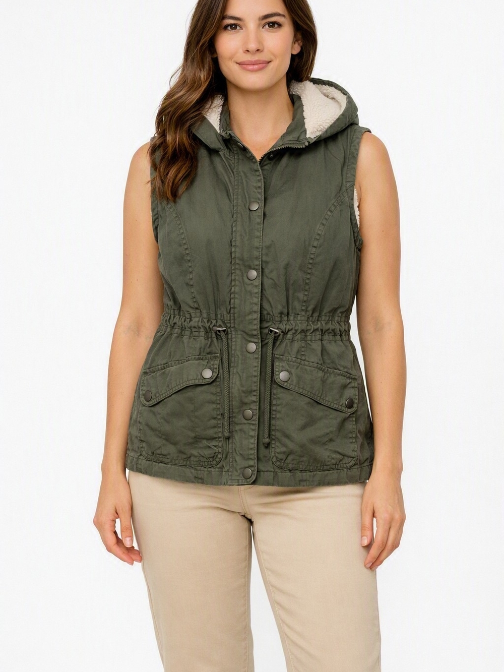 Sherpa-Trim Hooded Utility Vest in Olive